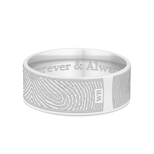 Dual Print 8mm White Gold Flat Fingerprint Ring