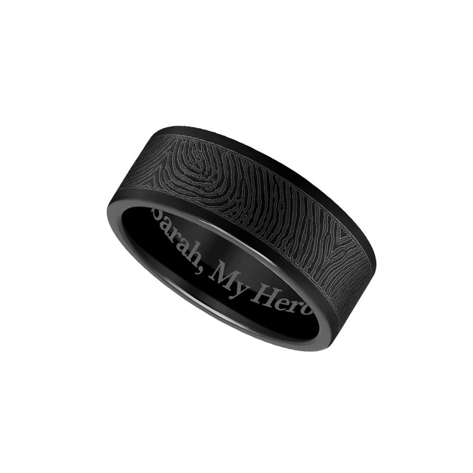 8mm Black Titanium Flat Fingerprint Ring